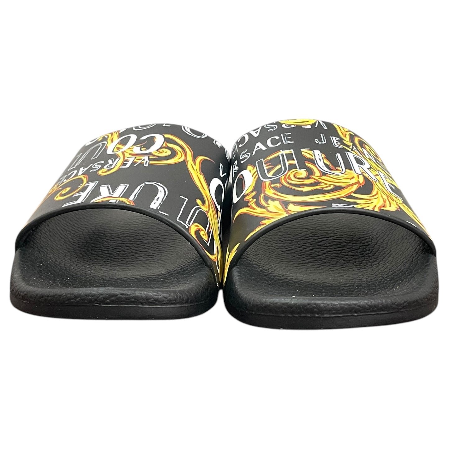 Sandals Luxury Designer By Versace In Black & Gold, Size:5