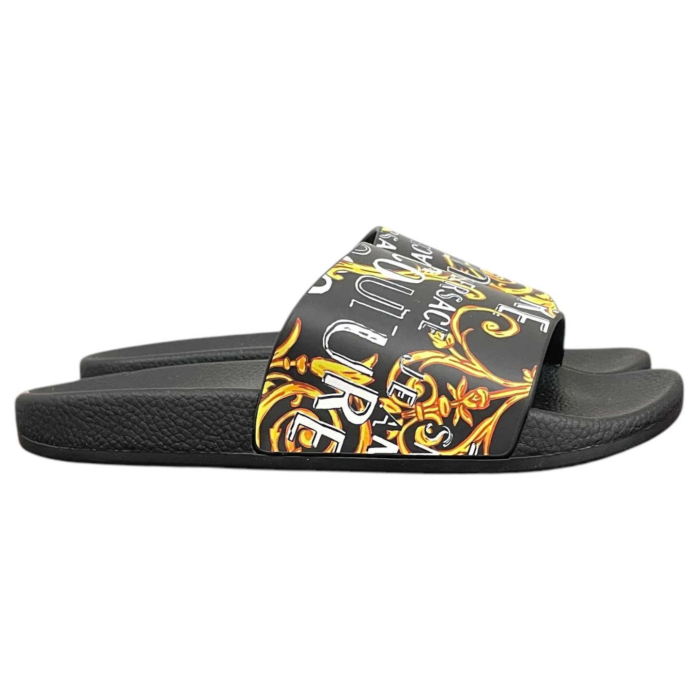 Sandals Luxury Designer By Versace In Black & Gold, Size:5