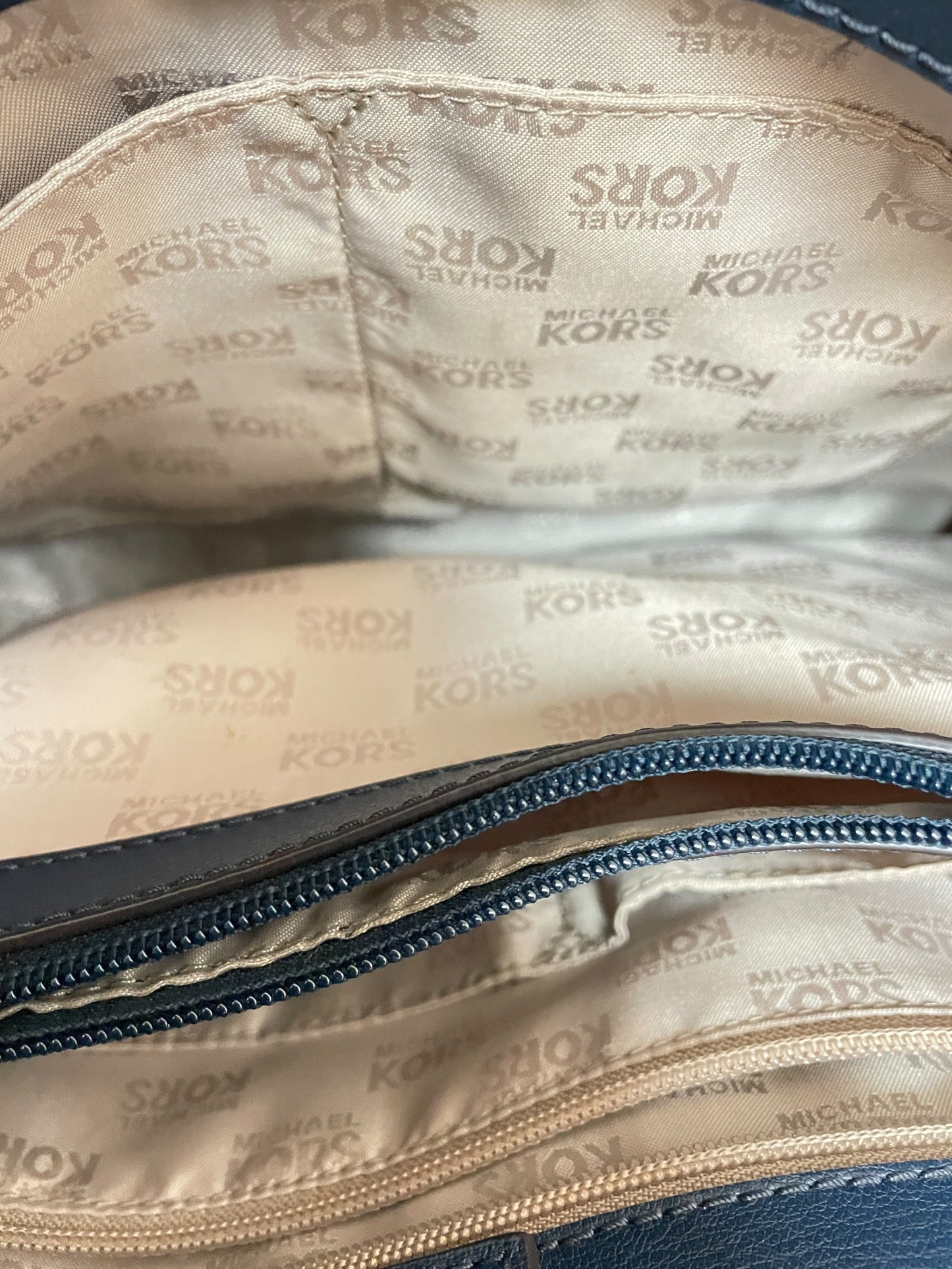 Handbag Designer By Michael Kors In Blue & Gold, Size:Large