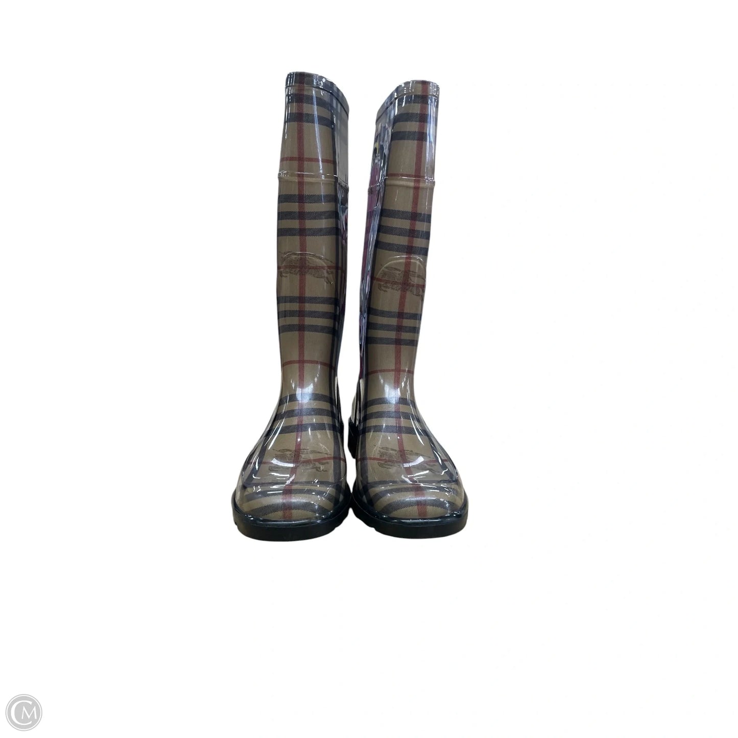 Boots Luxury Designer By Burberry In Black & Tan, Size: 8