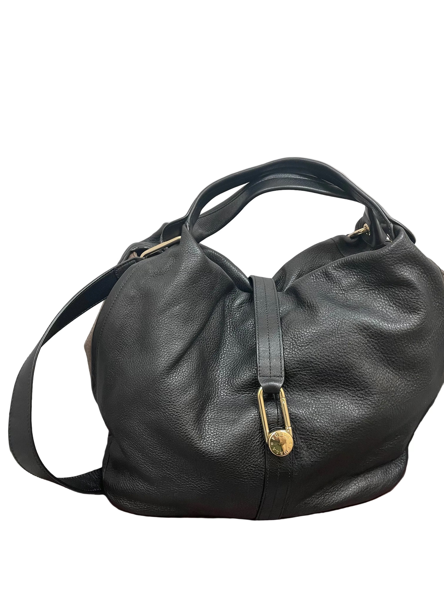 Crossbody Luxury Designer By Furla In Black & Gold, Size:Large