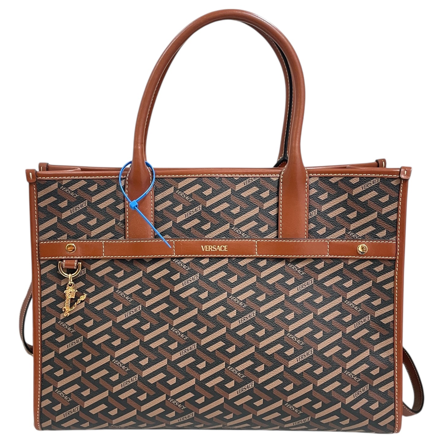 Tote Luxury Designer By Versace In Black & Brown, Size:Large