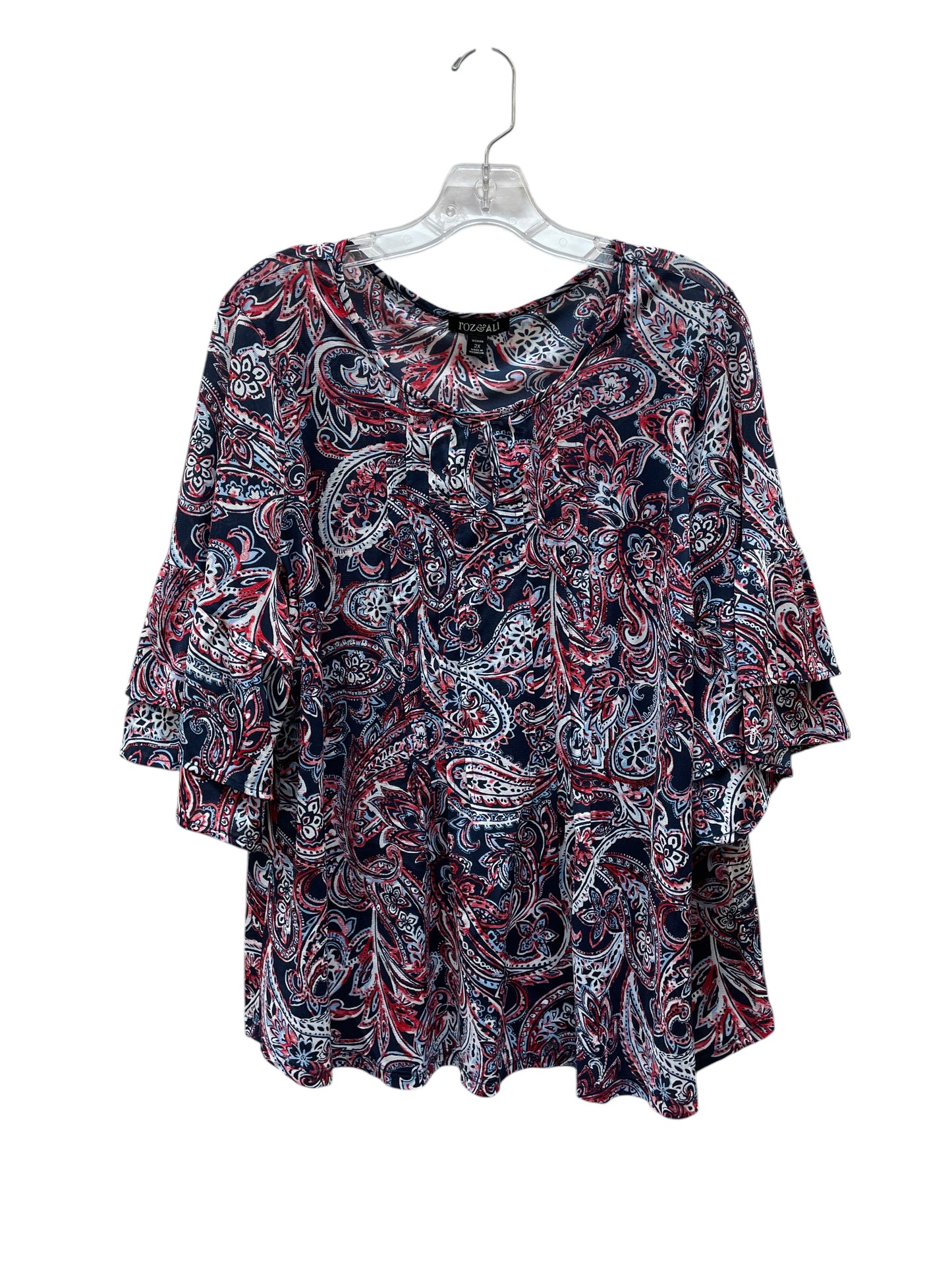 Top 3/4 Sleeve By Roz And Ali In Blue & Red & White, Size:2X