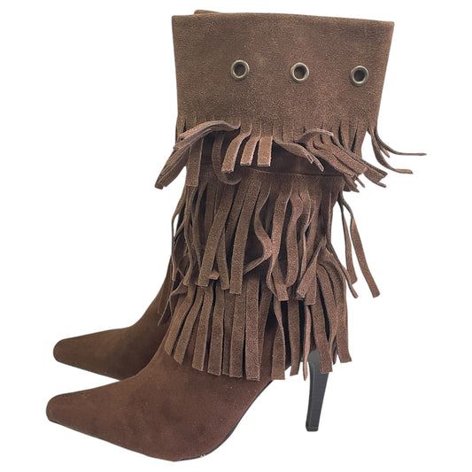 Boots Mid-Calf Heels By Cme In Brown, Size:8.5