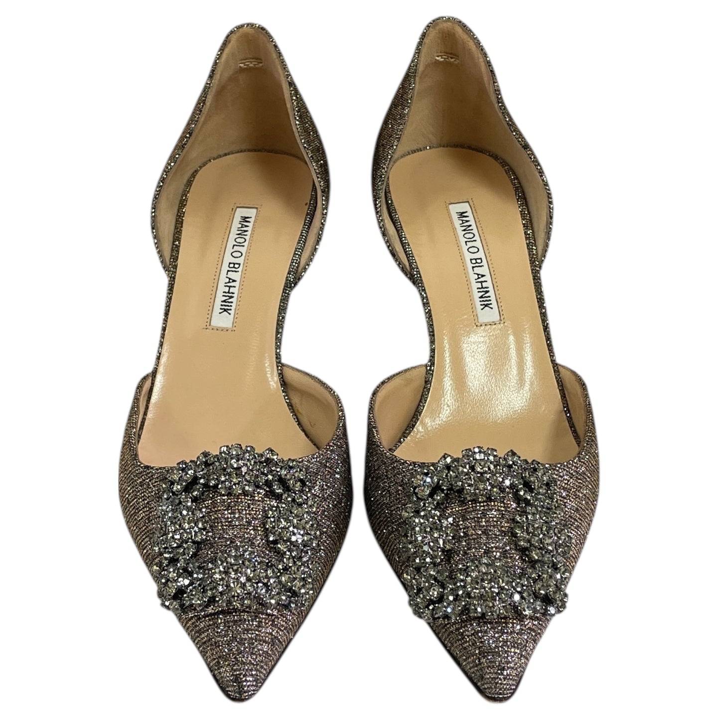 Shoes Luxury Designer By Manolo Blahnik In Gold, Size:7.5