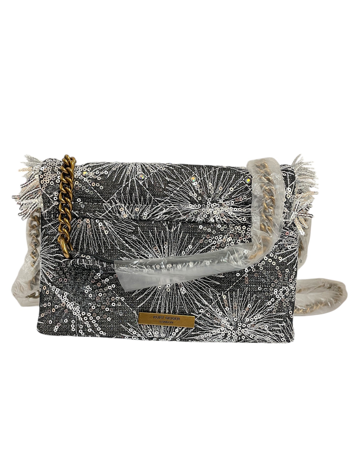 Crossbody Designer By Kurt Geiger In Grey & Silver, Size:Medium